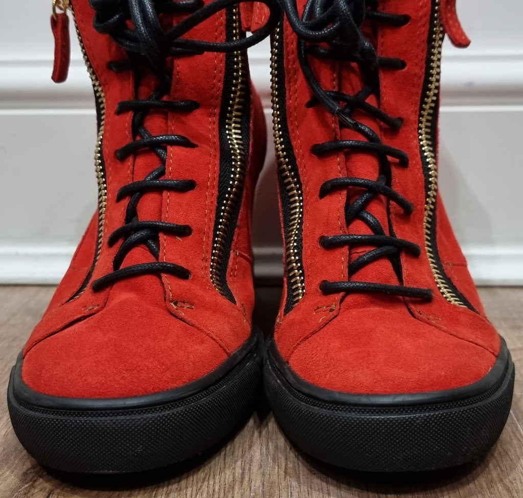 GIUSEPPE ZANOTTI Orangey Red Suede Zipper & Lace Fasten Hiden Wedge Sneakers