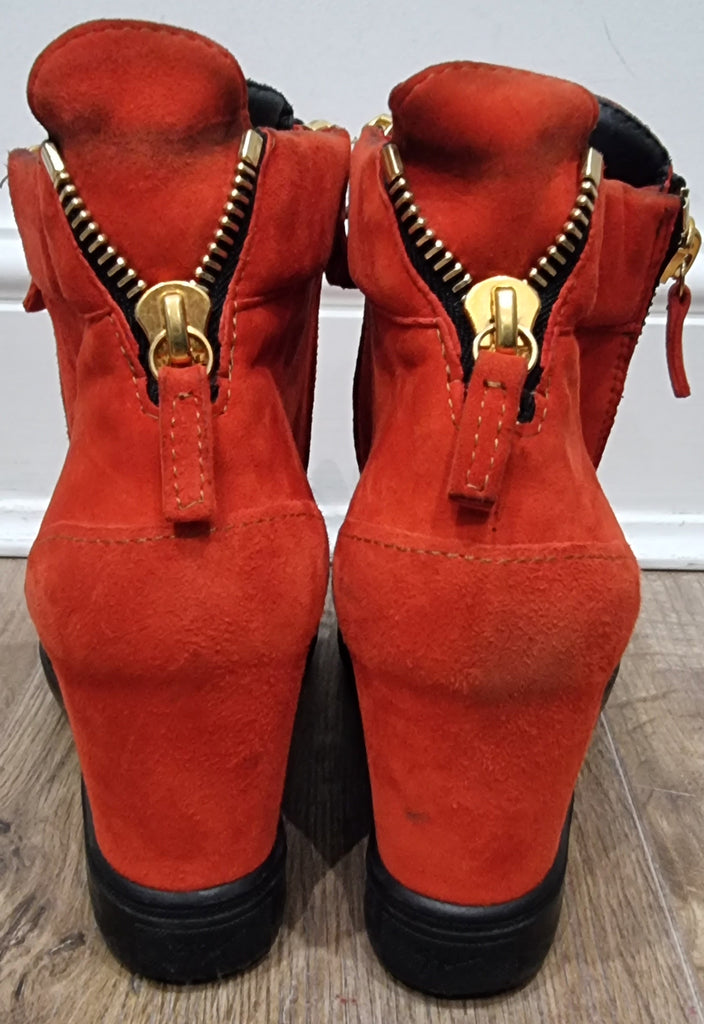 GIUSEPPE ZANOTTI Orangey Red Suede Zipper & Lace Fasten Hiden Wedge Sneakers