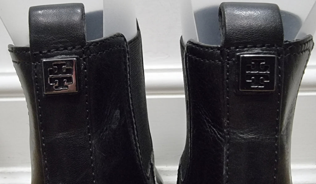 TORY BURCH Leather Round Toe Branded Rear Block Heel Ankle Boots 9M UK6.5