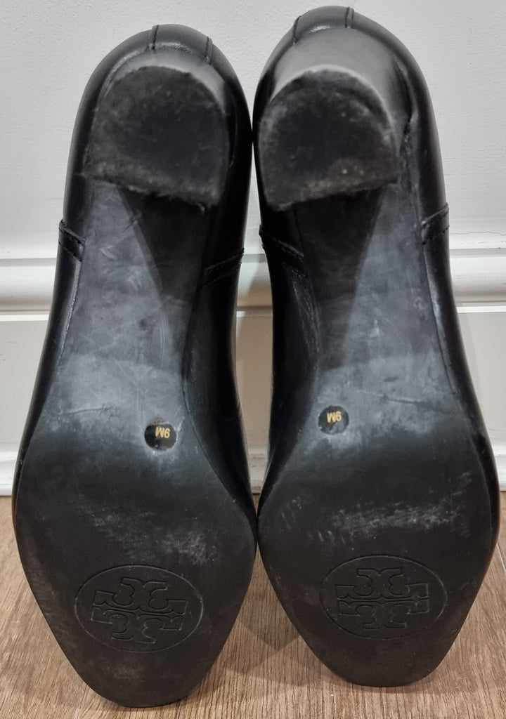 TORY BURCH Leather Round Toe Branded Rear Block Heel Ankle Boots 9M UK6.5