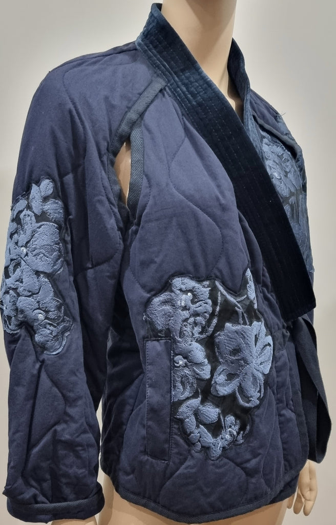 3.1 PHILLIP LIM Blue Cotton V Neck Wrap Tie Closure Padded Floral Kimono Jacket