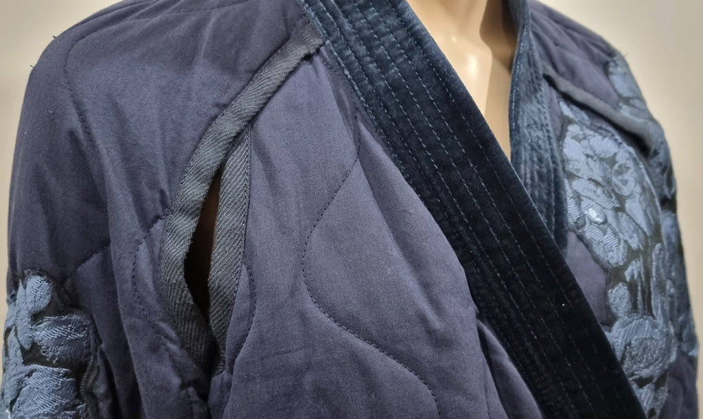 3.1 PHILLIP LIM Blue Cotton V Neck Wrap Tie Closure Padded Floral Kimono Jacket