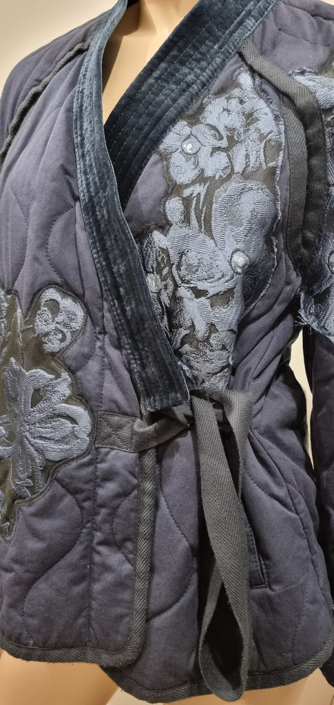 3.1 PHILLIP LIM Blue Cotton V Neck Wrap Tie Closure Padded Floral Kimono Jacket