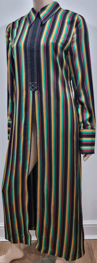 3.1 PHILLIP LIM Black & Multi Colour Striped Collared Long Length Shirt Jacket 8 UK12