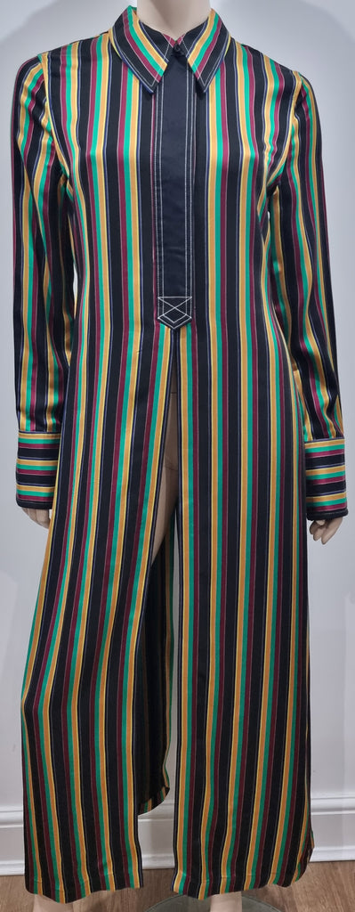 3.1 PHILLIP LIM Black & Multi Colour Striped Collared Long Length Shirt Jacket 8 UK12