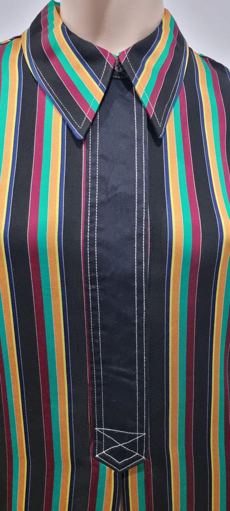 3.1 PHILLIP LIM Black & Multi Colour Striped Collared Long Length Shirt Jacket 8 UK12