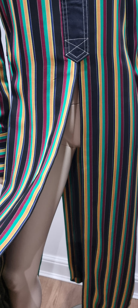 3.1 PHILLIP LIM Black & Multi Colour Striped Collared Long Length Shirt Jacket 8 UK12