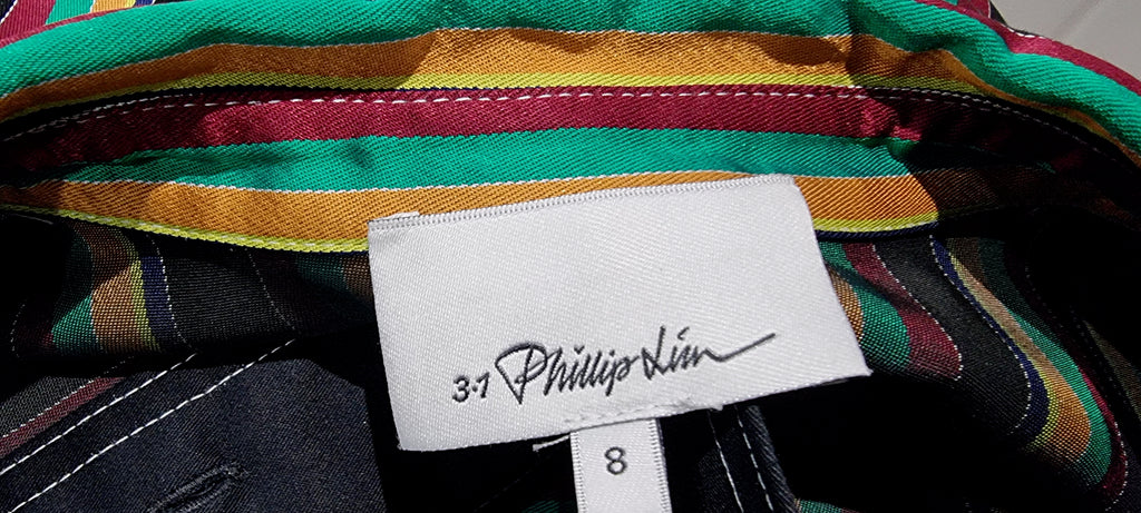 3.1 PHILLIP LIM Black & Multi Colour Striped Collared Long Length Shirt Jacket 8 UK12