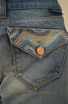 J&CO J & Company Blue Fade Detail Studded Pocket Detail Bootleg Jeans Sz:28