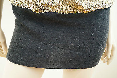 TORY BURCH Merino Wool Grey & Gold Sequin Long Length Evening Jumper Top Sz: M