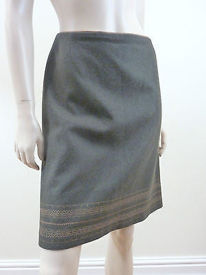 GERSON DI SANTO Olive Green Wool Bronze Embroidery Detail Short Formal Skirt SzM