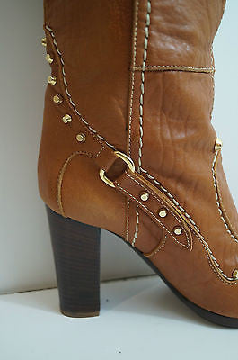 PAN TULIPANI Made In Italy Tan Leather Gold Stud Tall Length Boots EU41; UK8
