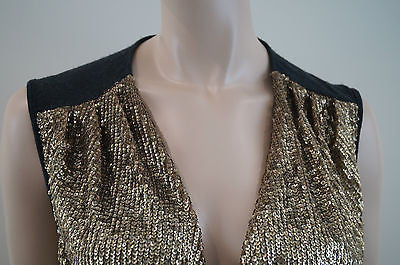 TORY BURCH Merino Wool Grey & Gold Sequin Long Length Evening Jumper Top Sz: M