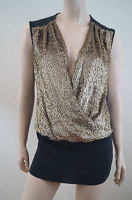 TORY BURCH Merino Wool Grey & Gold Sequin Long Length Evening Jumper Top Sz: M