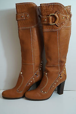 PAN TULIPANI Made In Italy Tan Leather Gold Stud Tall Length Boots EU41; UK8