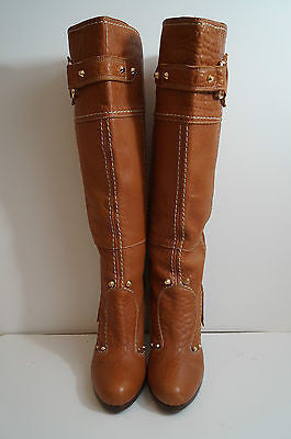 PAN TULIPANI Made In Italy Tan Leather Gold Stud Tall Length Boots EU41; UK8