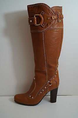 PAN TULIPANI Made In Italy Tan Leather Gold Stud Tall Length Boots EU41; UK8