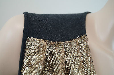 TORY BURCH Merino Wool Grey & Gold Sequin Long Length Evening Jumper Top Sz: M