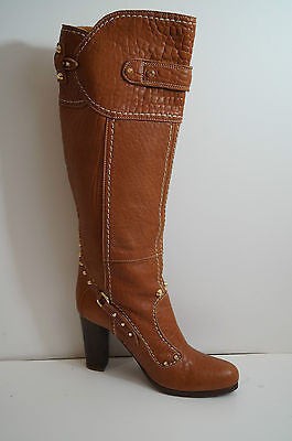 PAN TULIPANI Made In Italy Tan Leather Gold Stud Tall Length Boots EU41; UK8