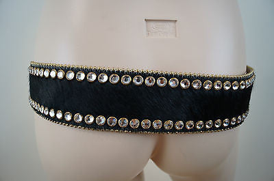 B.B.SIMON Black Fur Gold Tone Hardware & Swarvoski Crystal Embellished Belt XL