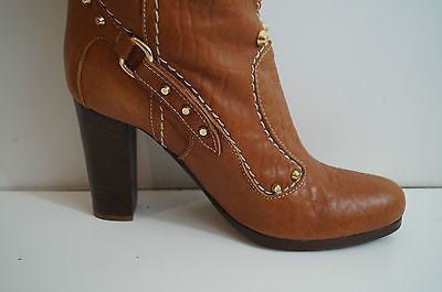 PAN TULIPANI Made In Italy Tan Leather Gold Stud Tall Length Boots EU41; UK8