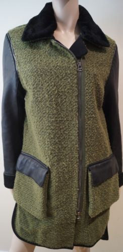 3.1 PHILLIP LIM Khaki Green Detachable Fur Collar & Leather Sleeve Jacket Coat S