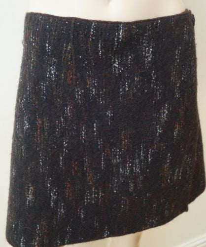 ROSSANA ORLANDI Black Wool Blend Abstract Pattern Wraparound Formal Mini Skirt L