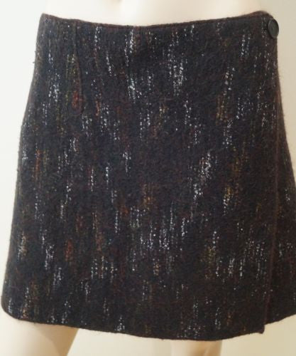 ROSSANA ORLANDI Black Wool Blend Abstract Pattern Wraparound Formal Mini Skirt L