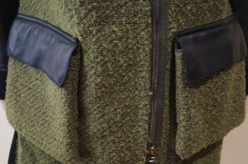 3.1 PHILLIP LIM Khaki Green Detachable Fur Collar & Leather Sleeve Jacket Coat S