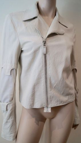 HELMUT LANG White Leather Silver Tone Zipper Biker Jacket SZ42; UK10