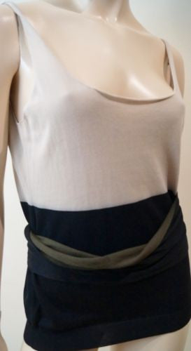 LANVIN ETE 2006 Beige & Black 100% Silk Scoop Neck Sleeveless Belt Vest Top Sz:L