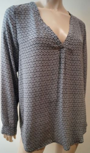 JOIE Purple Grey Black 100% Silk Geometric Print V Neck Long Sleeve Blouse M