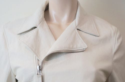 HELMUT LANG White Leather Silver Tone Zipper Biker Jacket SZ42; UK10
