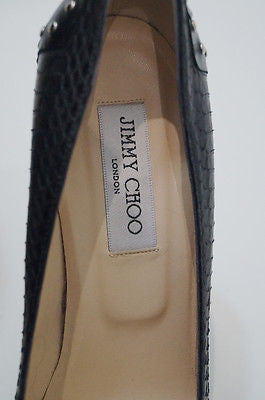 JIMMY CHOO Black Snakeskin Gold Silver Stud High Platform Court Pump Shoes 39.5