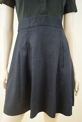 THEORY Black & Navy Wool Linen Blue Short Sleeve Mini Pleated Skater Dress UK8