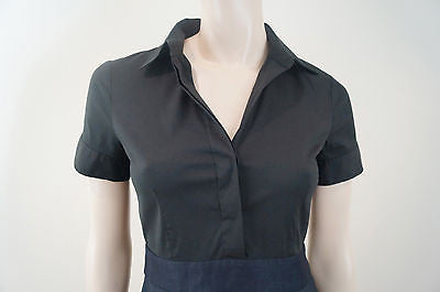 THEORY Black & Navy Wool Linen Blue Short Sleeve Mini Pleated Skater Dress UK8