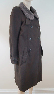 VANESSA BRUNO Chocolate Brown Cotton Lamb Wool Collar Belted Winter Coat SzM