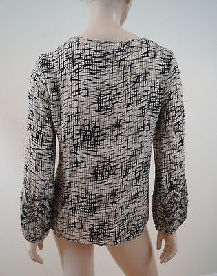 PARKER Black & White 100% Silk Geometric Print Mesh Cut Out Blouse Top Sz:L
