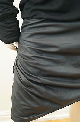 JAY AHR Black Viscose & Silk Cowl Neck Long Sleeve Leather Skirt Dress Sz:L