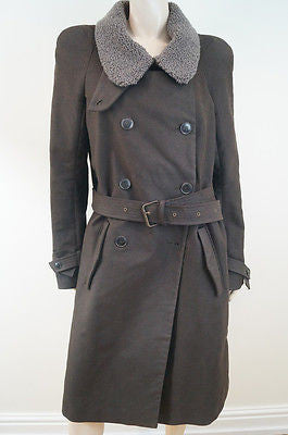 VANESSA BRUNO Chocolate Brown Cotton Lamb Wool Collar Belted Winter Coat SzM