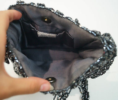 NINA GILL Vintage Black Bead Embellished Lined Small Evening Shoulder Bag
