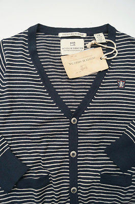 SCOTCH SHRUNK Boy's Navy & Cream Stripe Knitted Cotton V Neck Cardigan Top BNWT
