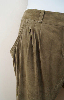 BARBARA BUI Khaki 100% Lambs Leather Suede Tapered Tie Leg Trousers Pants Sz38
