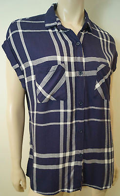 RAILS Blue & Cream Check Cap Sleeve Collared Casual Summer Blouse Shirt Top Sz:M