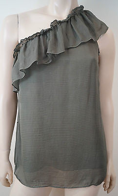 MILLY OF NEW YORK Khaki Olive Green Silk Ruffle Trim One Shoulder Top US8 UK12