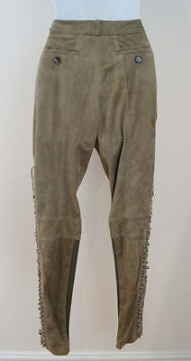 BARBARA BUI Khaki 100% Lambs Leather Suede Tapered Tie Leg Trousers Pants Sz38