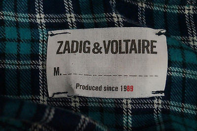 ZADIG & VOLTAIRE Mint Green Navy Check Cotton Long Sleeve Blouse Shirt Top SzM