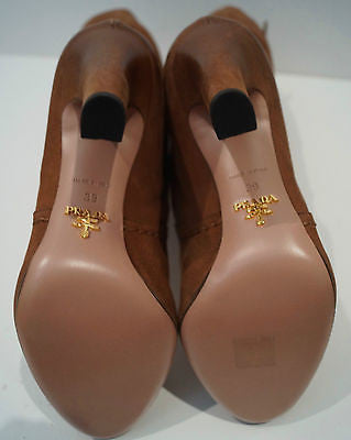 PRADA Tan Soft Leather Calf High Buckle Detail Block Heel Boots EU39 UK6 NEW!
