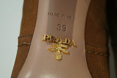 PRADA Tan Soft Leather Calf High Buckle Detail Block Heel Boots EU39 UK6 NEW!