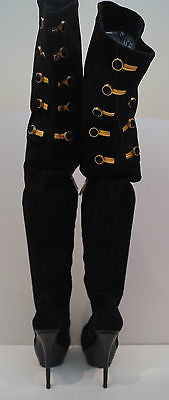 RACHAEL ZOE Black Suede Thigh High Gold Tone Platform Evening Boots EU30 UK6